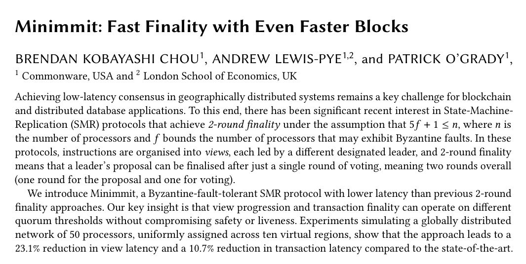 matthuang's tweet image. Minimmit will help power fast finality with even faster blocks on Tempo

Congrats to @_patrickogrady and team on the paper
