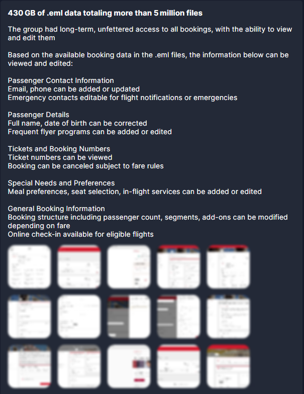 H4ckmanac's tweet photo. 🚨🚨Cyberattack Alert ‼️

🇪🇸Spain - Iberia

Everest claims to have breached Iberia and stolen 596 GB of data, including 430 GB of .eml files with more than 5 million records. 

The data allegedly includes names, contact details, birthdates, travel and booking information, masked card data, and marketing profiles. 

The group says it had long-term access to Iberia’s systems and could view or change bookings

N.B 1: Iberia Airlines reported on 23 November a security incident involving unauthorized access to one of its external providers, exposing customer names, emails, and Iberia Club loyalty IDs.

N.B 2: Another threat actor claimed on 14 November to be selling 77 GB of Iberia’s internal data for 150,000 dollars.

Sector: Transportation / Storage
Threat class: Cybercrime

Observed: Nov 25, 2025
Status: Pending verification

—
About this post:
Hackmanac provides early warning and cyber situational awareness through its social channels. This alert is based on publicly available information that our analysts retrieved from clear and dark web sources. No confidential or proprietary data was downloaded, copied, or redistributed, and sensitive details were redacted from the attached screenshot(s).

For more details about this incident, our ESIX impact score, and additional context, visit https://t.co/eB7qgxLdpI.