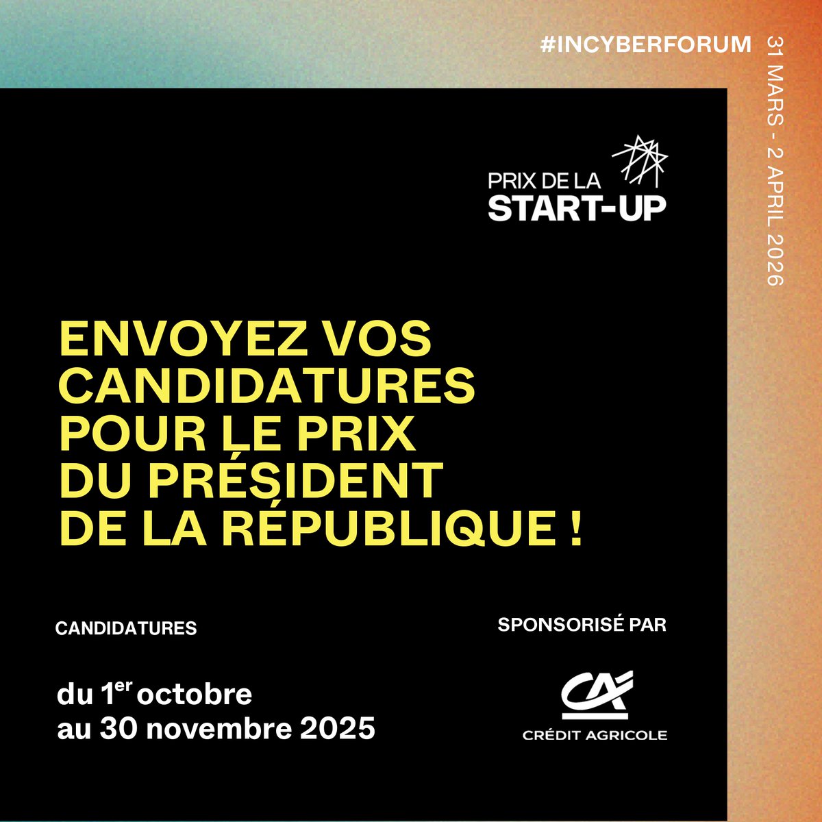 INCYBER_Europe's tweet photo. ⏳ J-5 avant la clôture des candidatures !

Il ne vous reste plus que 5 jours pour déposer votre candidature et tenter de remporter le prestigieux Prix du Président de la République (anciennement Grand Prix de la Start-up).

C'est votre ultime chance de mettre en lumière votre innovation en cybersécurité et numérique !

Pourquoi candidater avant le 30 novembre ?
🏆 Gagnez le Prix du Président de la République.
✨ Bénéficiez d'une visibilité inégalée.
🎤 Rencontrez le jury d'experts lors des auditions de février 2026.

Un immense merci à notre partenaire @CreditAgricole pour son soutien !

👉 Ne manquez pas cette opportunité historique. Déposez votre dossier avant le 30 novembre : https://t.co/zwg2Xo3sW5
_____

⏳ Only 5 days left before applications close!

You only have 5 days left to submit your application and try to win the prestigious President of the Republic Award (formerly the Start-up Grand Prize).

This is your last chance to showcase your cybersecurity and digital innovation!

Why apply before November 30?
🏆 Win the President of the Republic Award.
✨ Enjoy unparalleled visibility.
🎤 Meet the jury of experts during the February 2026 auditions.

A huge thank you to our partner @CreditAgricole for its support!

👉 Don't miss this historic opportunity. Submit your application before November 30: https://t.co/uC1XbeRPYN