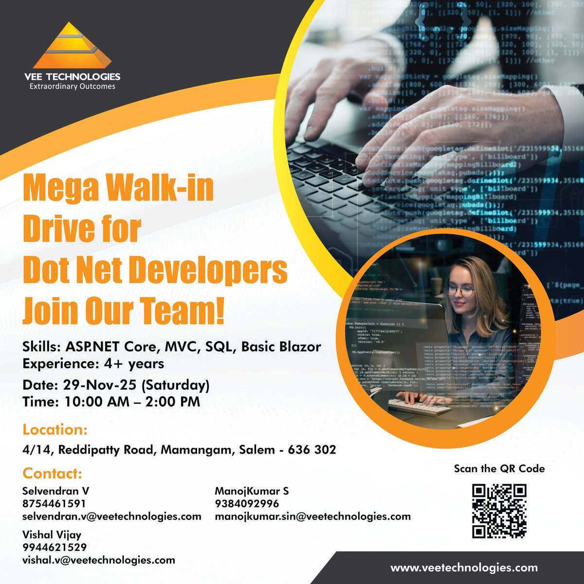 V_technologies's tweet image. Walk into our Dot Net Developer Drive on 29th November in Salem. If ASP.NET Core, MVC, SQL, and Blazor are your strengths, this is your moment. Bring your skills and let’s build something amazing together!

#DotNetDeveloper #DotNetJobs #DotNetHiring #ASPNetCore