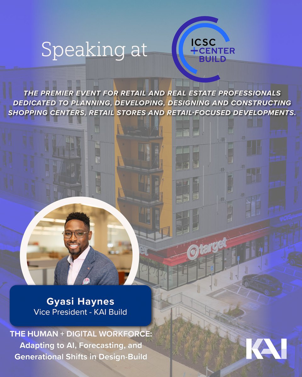 KAIenterprises's tweet image. KAI&apos;s very own Gyasi Haynes will be attending and hosting an interactive roundtable at ICSC + CenterBuild 2025 in Phoenix, AZ on Thursday, December 4th at 8:30 AM!

#TransformingCommunities #KAIBuild #CommercialConstruction #DesignBuild #FutureFocused #TheForecastFactor