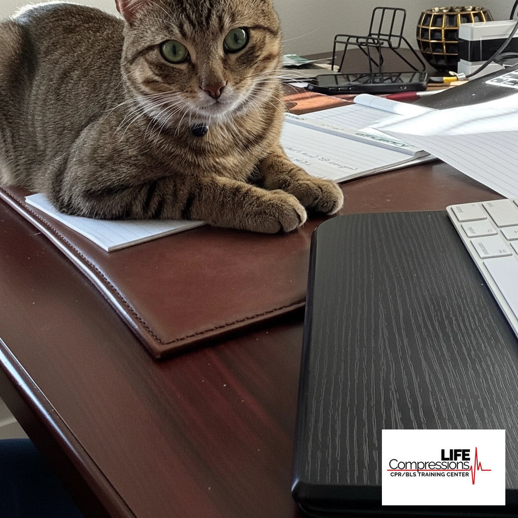 LifeCompression's tweet image. Productivity tip #317: Consult your office cat before making any big decisions. 🐾 Because the Chief Judging Officer knows best! #OfficeCat #Leadership #CPRTips #HealthcareHumor #LifeSavingSkills