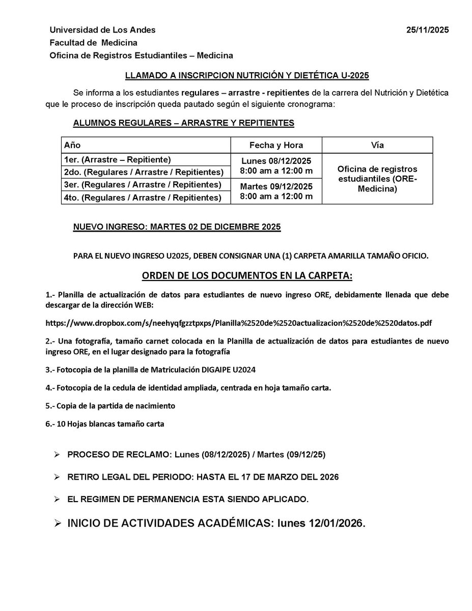 Llamado de inscripción para Nutrición y Dietética U2025