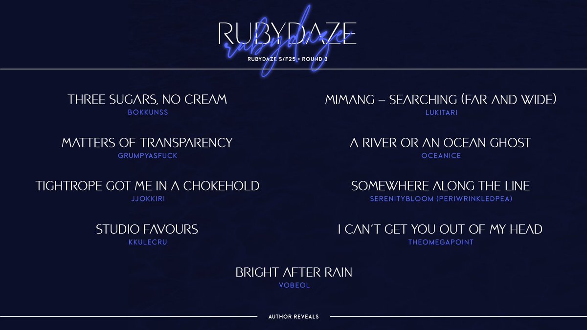 RUBYDAZE S/F 2025
OFFICIAL AUTHOR REVEALS

Here's the list of our authors and their respective works! Did you guess anyone's work correctly?

To all of our authors: thank you for your hard work in making this round possible! And thank you to all readers for their love. ς(>‿<.)💕