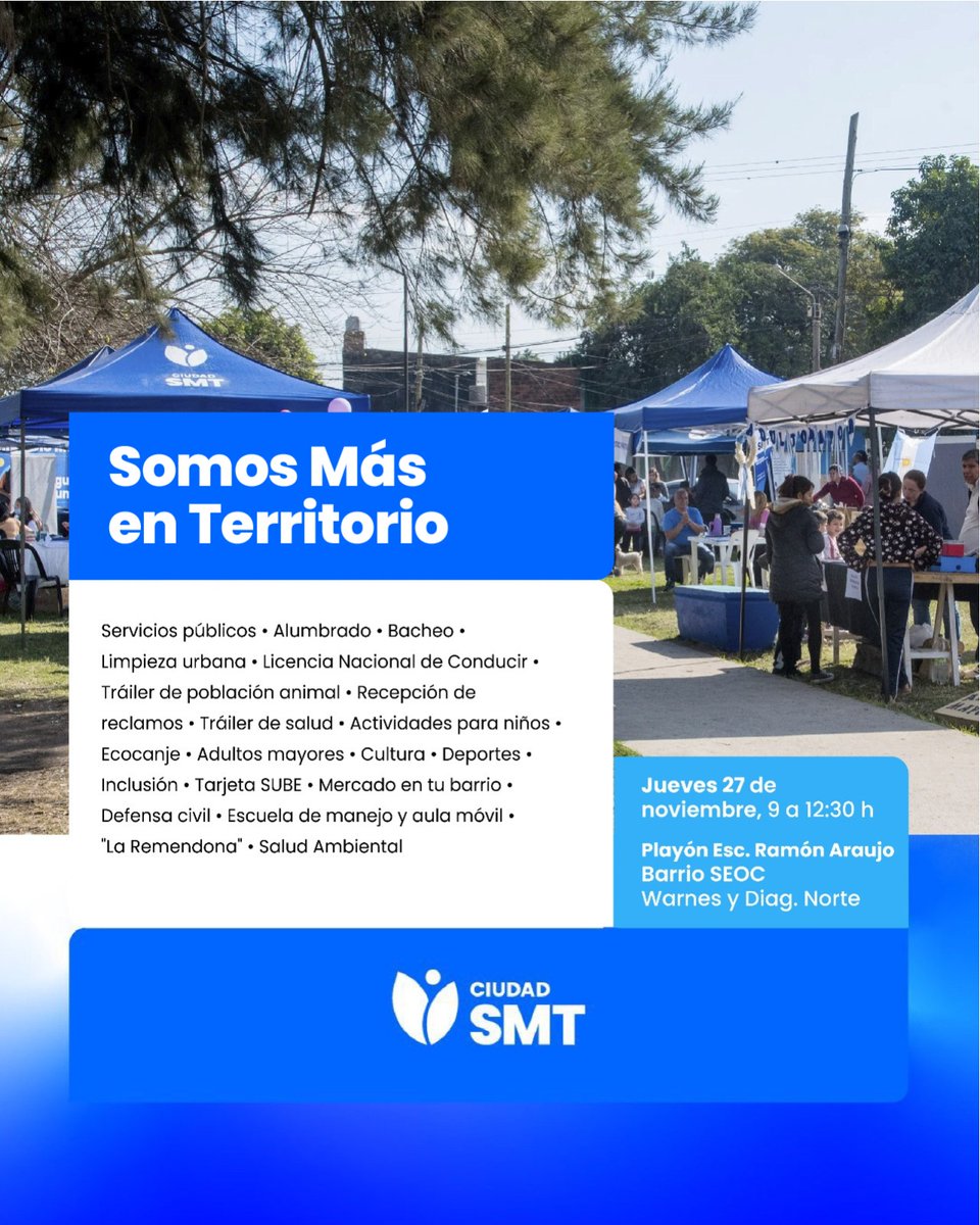 CiudadSMT's tweet image. Este jueves 27, llevaremos nuestros servicios gratuitos al barrio SEOC con nuestro operativo Somos Más en Territorio.

⏰ De 9 a 12.30 h.
📌Playón Esc. Ramón Araujo (Warnes y Diag. Norte).