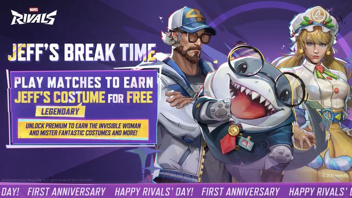 inwardspark8's tweet photo. 💛 Minipase "Jeff's Break Time" con nuevas skins de Mister Fantastic “Dad-tastic Reed”, Invisible Woman “Disappearing Dessert” y Jeff “the Business Shark” LEGENDARIA GRATIS.

💛 Skin de Jeff personalizable con atuendos y accesorios mediante moléculas. #MarvelRivals https://t.co/tY5CZBQLTn