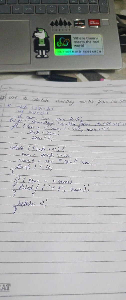 TitanRushxl6z's tweet image. Day 16 of learning C language 💻✨
Today I explored two interesting topics — Armstrong numbers and Strings.
Armstrong numbers taught me how to break a number into digits and apply logic using loops and math operations. #20daysofcode 
#CLanguage