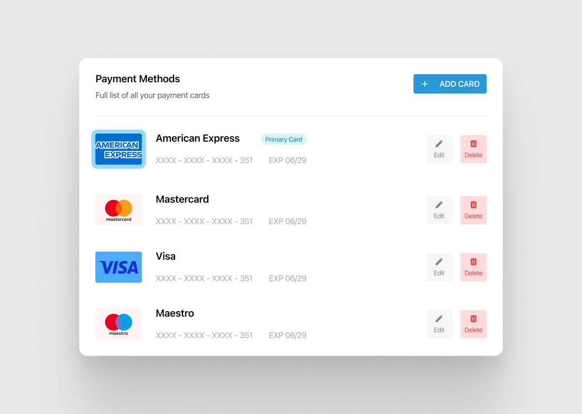 DesignerAleksa's tweet image. Day 18 of my UI Design Challenge: Payment Methods Panel 

Focused on clarity, hierarchy, and smooth card management—Add, Edit, Delete in a clean layout.

What do you think?

#UIDesign #UIChallenge #ProductDesign #DesignDaily #MobileDesign #UXUI #FigmaDesign #InterfaceDesign