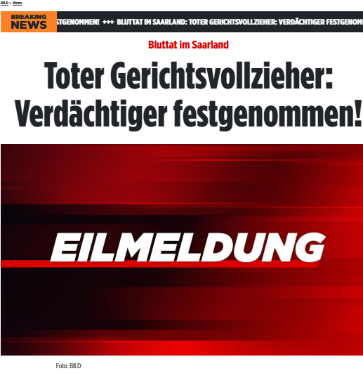 Taykra's tweet photo. Nach dem Tod eines Gerichtsvollziehers im saarländischen #Bexbach ist ein Verdächtiger festgenommen worden. Er soll den Gerichtsvollzieher bei einer Zwangsvollstreckung mit einem Messer getötet haben, teilte die Staatsanwaltschaft Saarbrücken mit. https://t.co/55WxKJVZDR