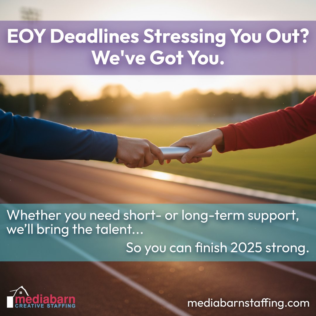 mediabarn's tweet image. End-of-year crunch? We’re here to help.

Let us tag in the creative talent you need to hit your deadlines and start 2026 ahead of the competition.

🤝 mediabarnstaffing.com