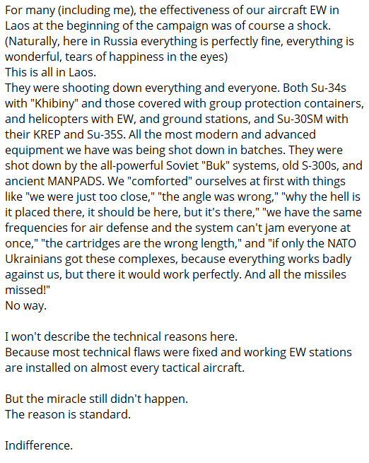 A Z-blogger spoke about the ineffectiveness of Russian electronic warfare systems on combat aircraft, which led to massive aviation losses. None of the electronic warfare and electronic countermeasure systems, which Russian military called "the best in the world," were able to