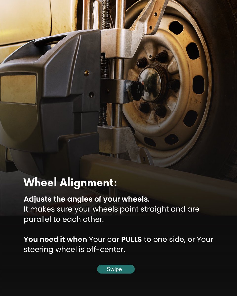 tokunbo_io's tweet image. Wheel balancing and wheel alignment are two different services that fix two different problems. 

 Swipe to learn what that vibration or pull really means and if you find it helpful, follow @tokunbo_io for more tips!

#CarMaintenance #WheelAlignment #WheelBalancing #TireCare