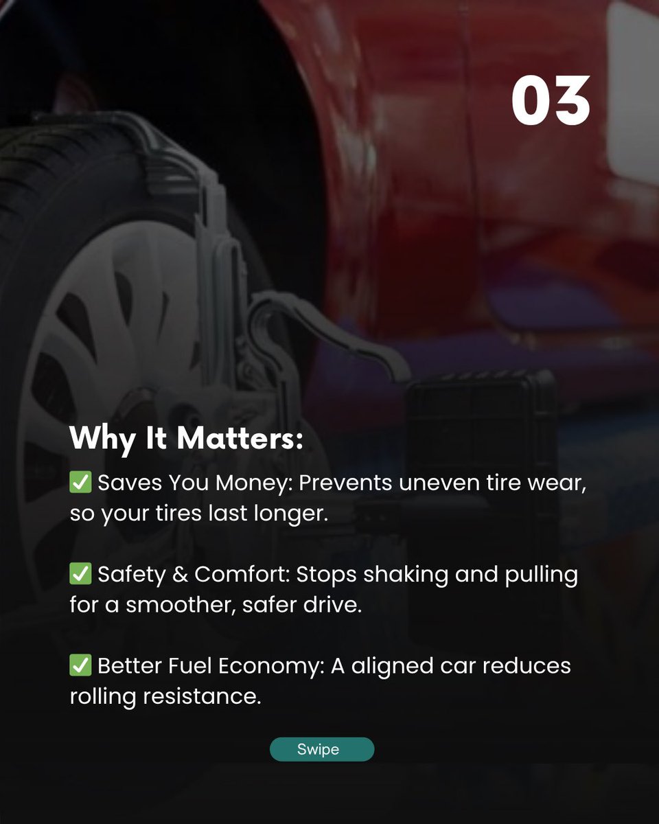 tokunbo_io's tweet image. Wheel balancing and wheel alignment are two different services that fix two different problems. 

 Swipe to learn what that vibration or pull really means and if you find it helpful, follow @tokunbo_io for more tips!

#CarMaintenance #WheelAlignment #WheelBalancing #TireCare