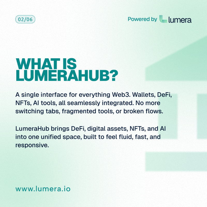 lumera's tweet photo. Web3 shouldn’t feel fragmented.

Lumera Hub unifies your entire experience: wallet, swaps, staking, NFTs, AI tools, ecosystem, and governance.

See what an integrated future looks like.