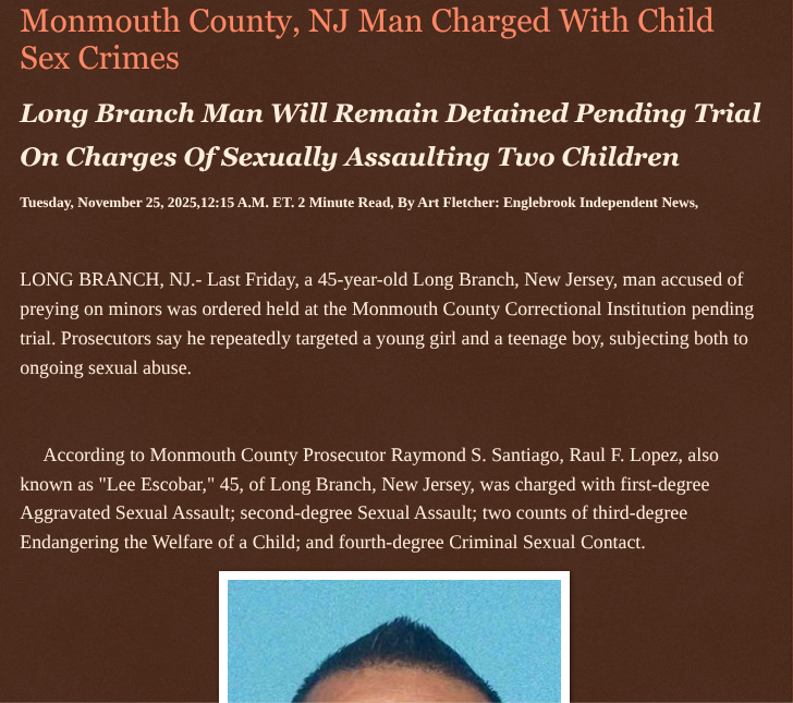 ArtFletcher9's tweet photo. Monmouth County, NJ Man Charged With Child Sex Crimes https://t.co/pVBn7Db0ST via @Englebrooknews #NewJersey #CrimeNews #MonmouthCountynj #longbranchnj #child #sexcrimes #children #endangerment #detained #teen #Boy #preteen #Girl @wireless_step @HRG_Media @LodiNJNews @fordmb1 @SarahGeving1 @Shannon96574094 @Daytobehappy @janninereid1 @MichelleF_35 @gator4kb18 @TrumpWasRite2 @KathyKbrose @RobGerundo @JimBobW49