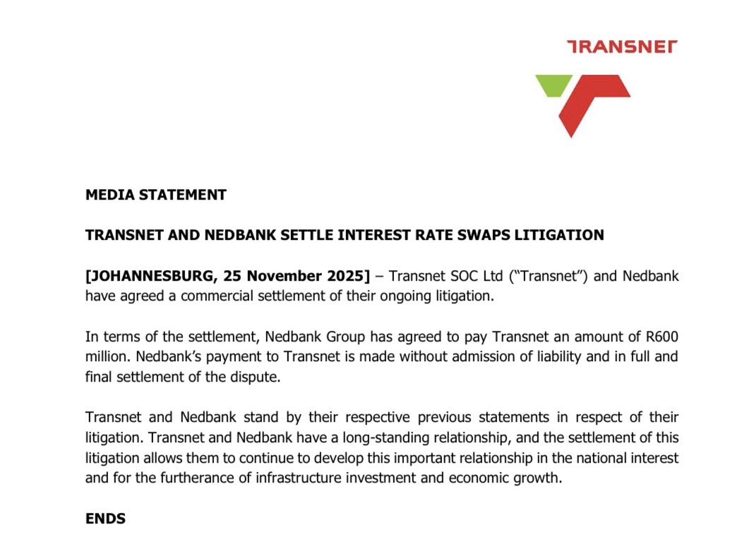 RayMahlaka's tweet image. WOW! One of the State Capture cases quietly playing out in court is now settled. Nedbank to pay R600m to Transnet for its role in executing questionable financial transactions, knows as interest rate swaps, in 2015/16. R600m is chump change! Transnet wanted R10.5bn from Nedbank.