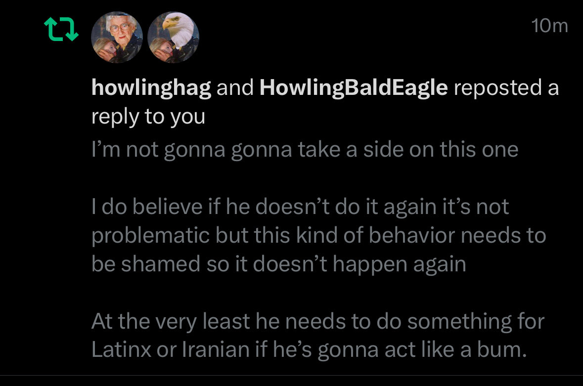 HowlingHitlor's tweet image. “I won’t take sides” and then gets immediately reposted by the foids. You can’t make this up.