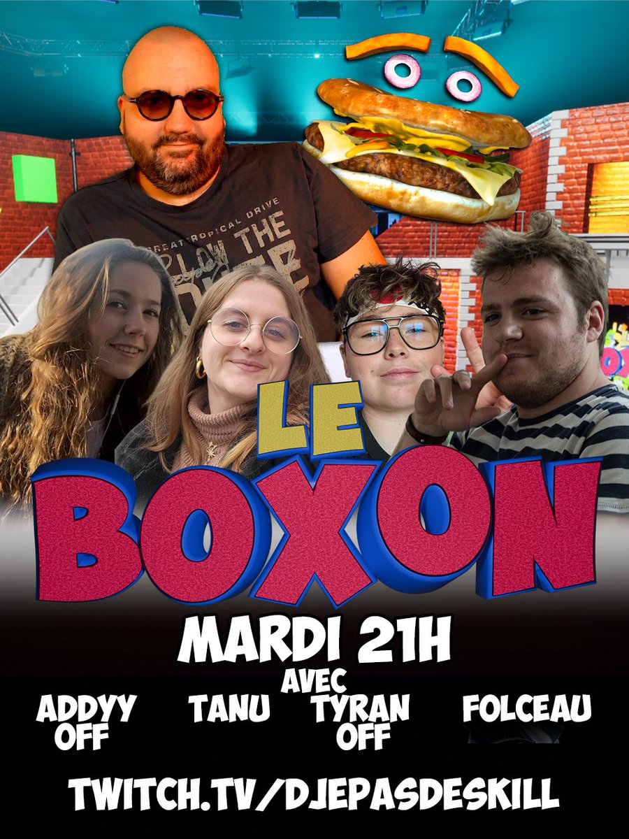 Djiox's tweet photo. Ce soir dès 21h, le BOXON fait son grand retour en direct  ! Burgy est (r)échauffé, les nouveaux jeux débordent de conneries, et les box sont scellées. 
Bref, tout est ready !  Il ne reste plus qu’à prévenir les candidats que cette émission risque d’être un sacré BOXON ! https://t.co/P88agzPIi0