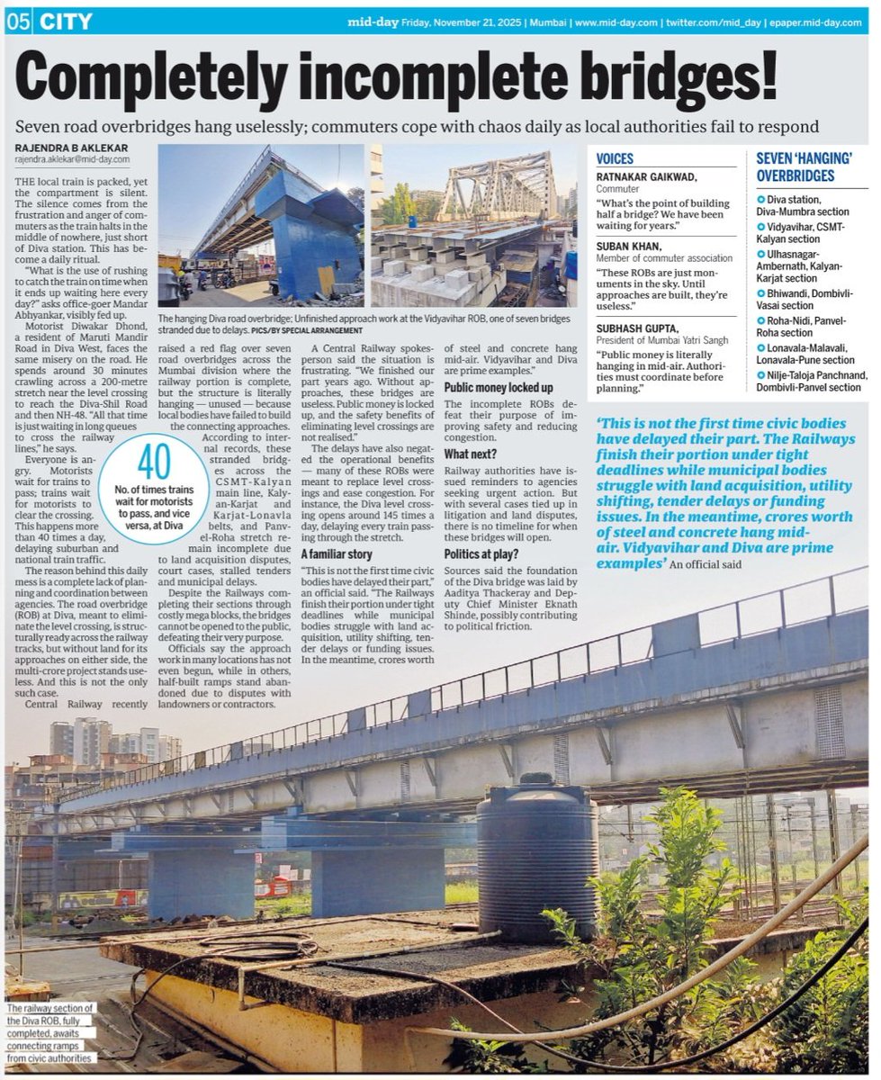 rajtoday's tweet image. Central Railway Mumbai last week raised a red flag over seven such Road Over Bridges (ROBs) in the Mumbai division where the railway portion has been fully completed but remains literally hanging—waiting for connecting approaches and landings that local bodies have failed to…