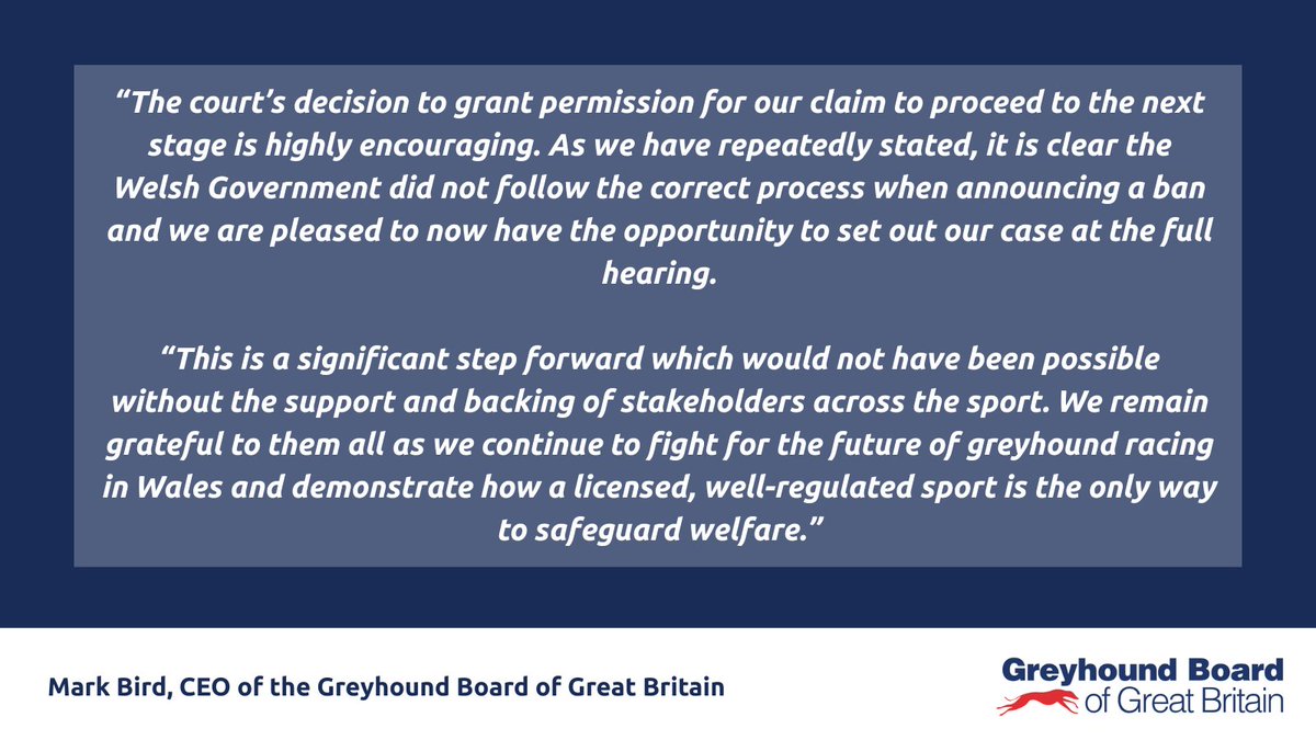 GreyhoundBoard's tweet image. 🚨 Judicial review of Welsh greyhound racing ban granted permission to proceed: tinyurl.com/cp8c685j

Statement from Mark Bird, CEO of the Greyhound Board of Great Britain⤵️