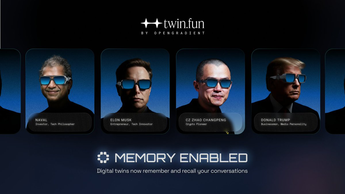OpenGradient's tweet image. Personal memory just went live. 👯

Powered by MemSync’s continuous memory layer,
digital twins now remember what you share.

It brings real memory to digital twins:
• They remember your context.
• They remember your preferences.
• They remember your ideas.

And they carry…