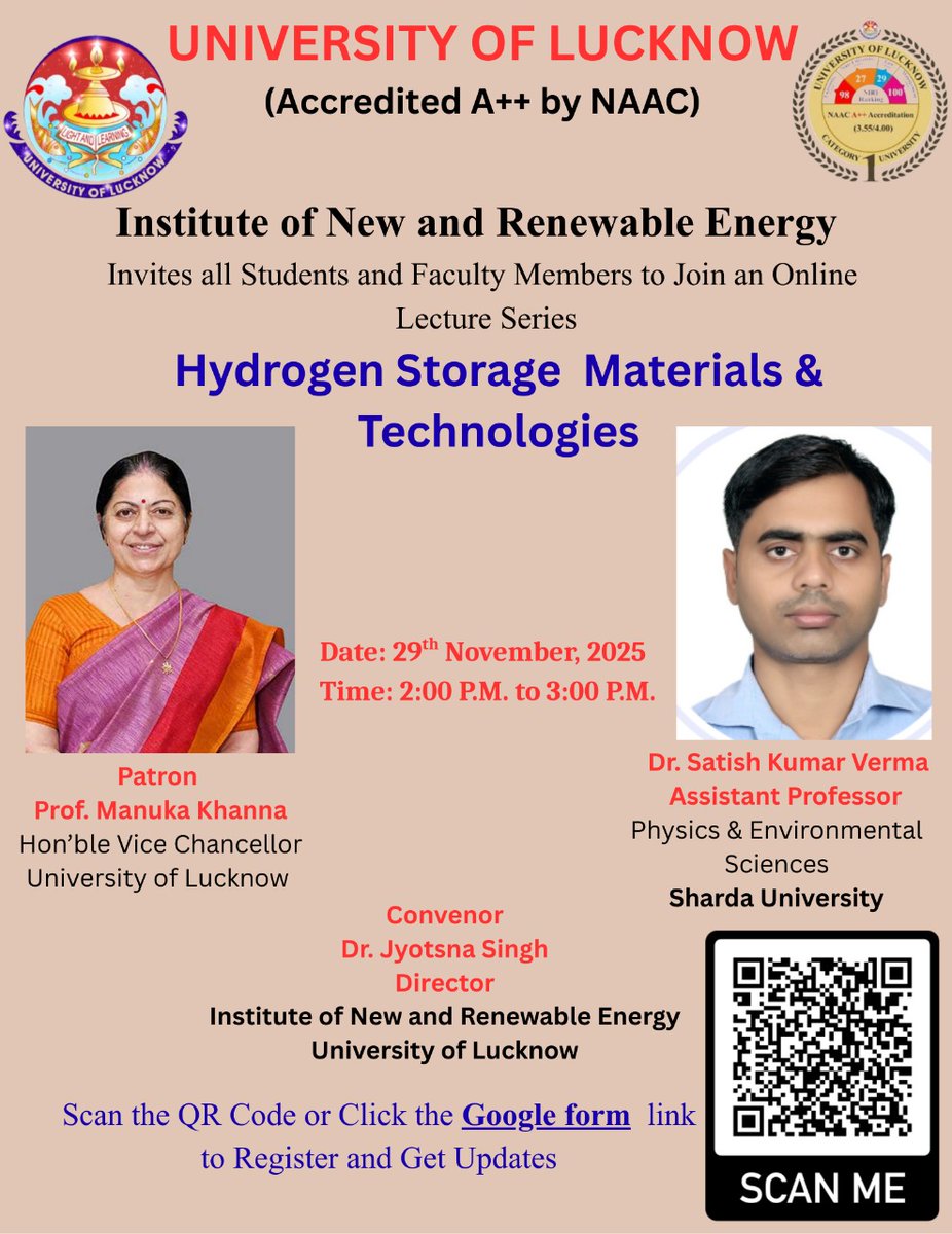 Renewable_E_LU's tweet photo. Glad to announce the online INRE Lecture Series-Lecture No. 3, organized by the Institute of New and Renewable Energy, University of Lucknow!
Join us to explore breakthrough insights in hydrogen storage and clean energy technologies! #HydrogenStorage #CleanEnergy #RenewableEnergy https://t.co/NIv1xAsxhR