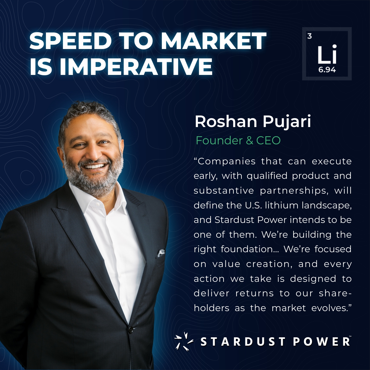 SDST_Power's tweet image. 🏁 The US lithium market is moving fast. Roshan Pujari: &quot;Speed to market is imperative…we’re building the right foundation...We’re focused on value creation, and every action we take is designed to deliver returns...&quot;

#Lithium #CriticalMinerals #EnergyLeadership #StardustPower