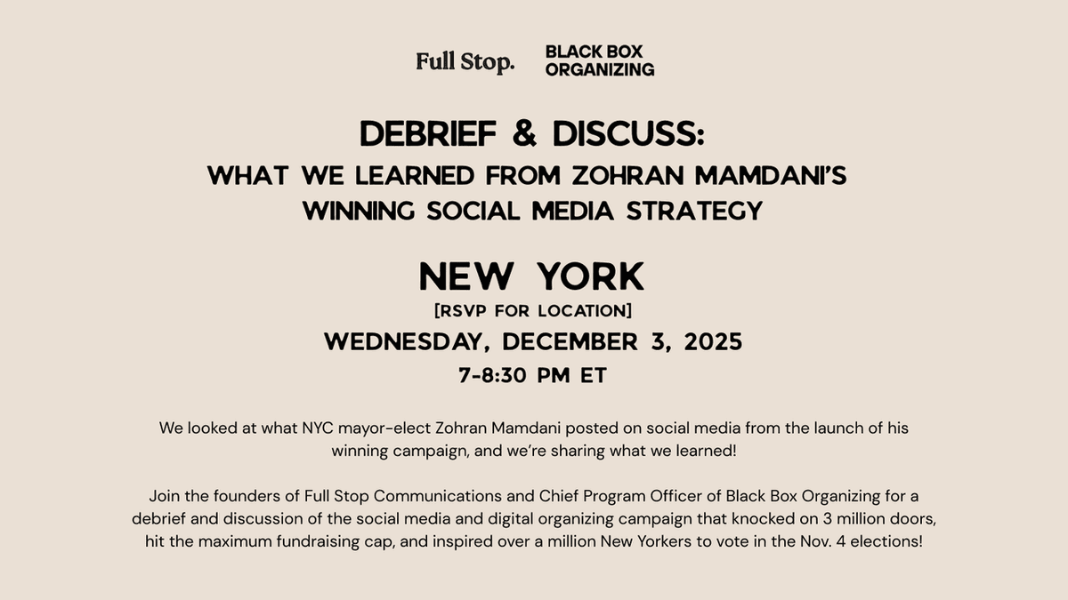 FullStop_Comms's tweet photo. NYC-friends, we're coming for a visit! 

Join us for our first-ever in-person event w/ Black Box Organizing to connect with progressive communicators, community leaders, organizers and elected officials in New York.

Let's keep the momentum going. 

RSVP: https://t.co/2Oj8MqmRTA https://t.co/yVBvhlPKQ6