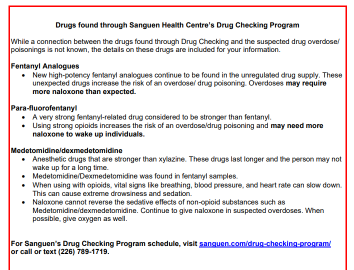 Community Drug Alert Extended for #WaterlooRegion: 3 suspected drug-related deaths.

@Sanguen's Drug Checking found fentanyl that is stronger than expected and contain unexpected drugs. Caution with yellow, orange, and bluish-green drugs.
 
Full alert: tinyurl.com/2wmenzr8