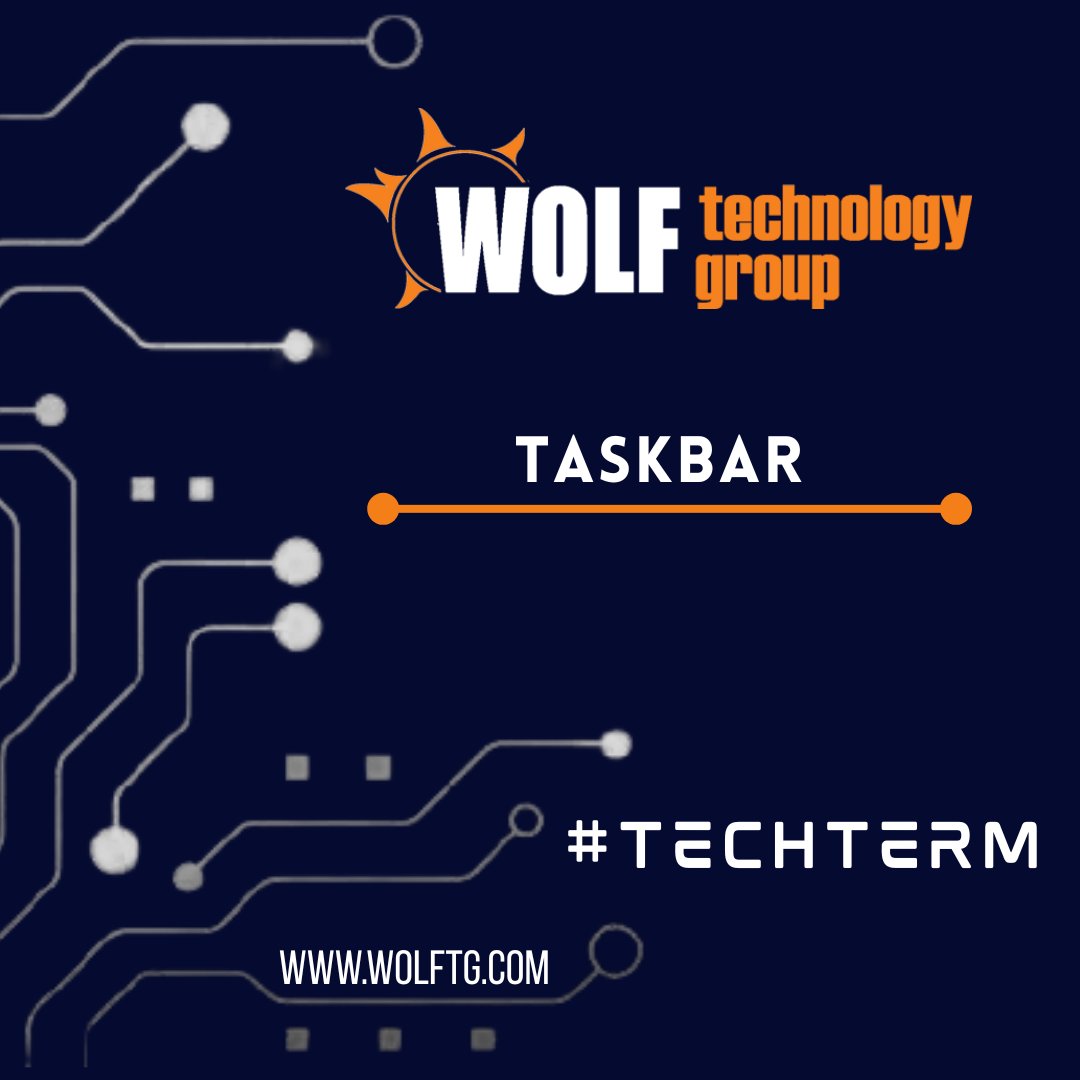 WolfTech's tweet image. #TechTerm The taskbar is a major GUI element in Windows that spans the lower edge of the desktop. It helps users quickly switch between open windows and applications with a single click. The taskbar includes icons for every application running on the computer.