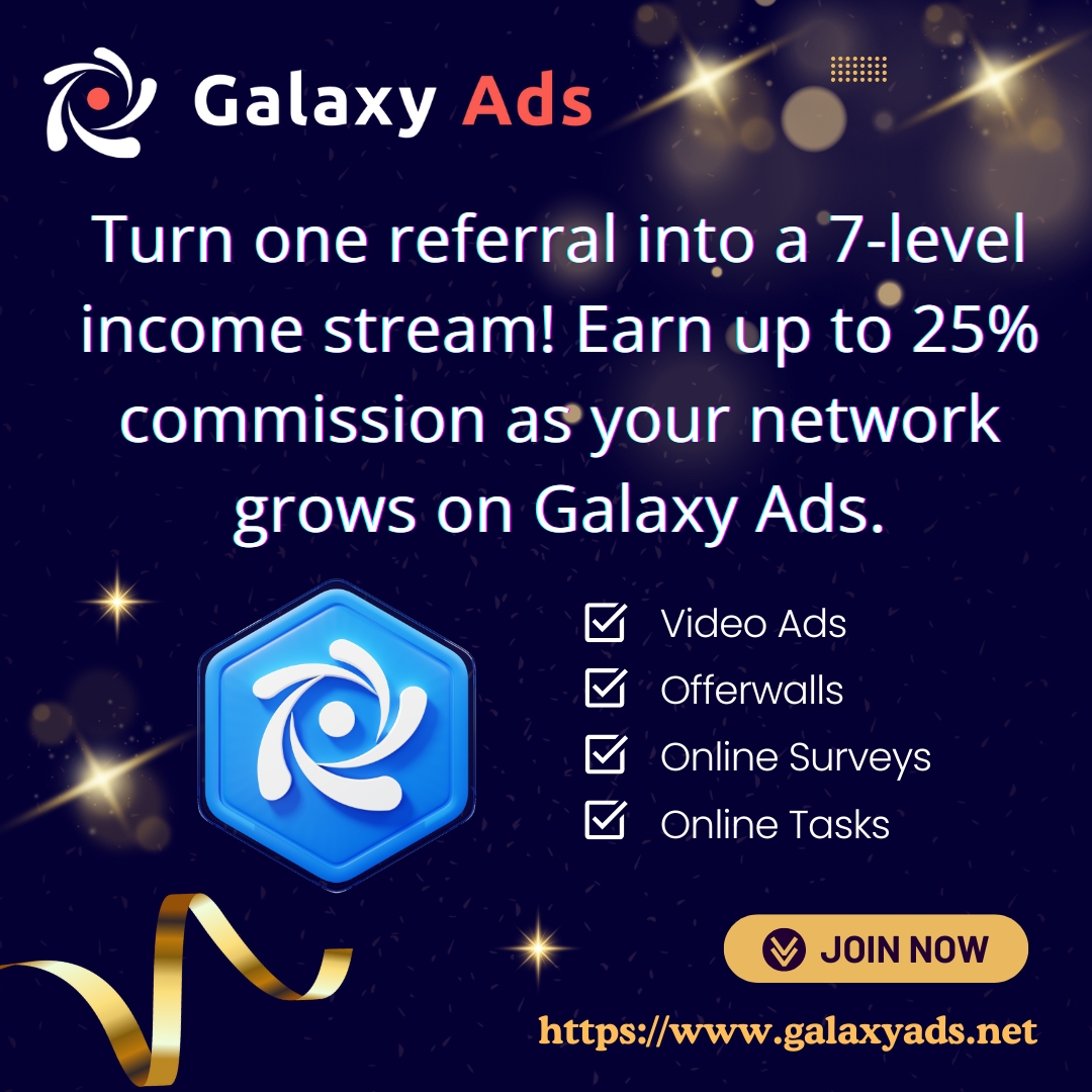 galaxycashin's tweet photo. Galaxy Ads - Online surveys, offers, tasks and offerwalls
Turn one referral into a 7-level income stream! Earn up to 25% commission as your network grows on Galaxy Ads.
Join Now at https://t.co/8BMIi0E2zE
#GalaxyAds #ReferralIncome #7LevelEarnings #25PercentCommission https://t.co/qL7CVDP7IE