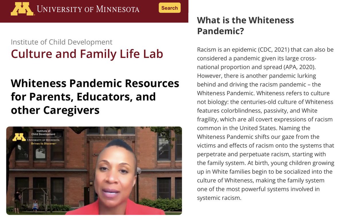 GrageDustin's tweet image. 🚨 NEW: The University of Minnesota is pushing a “Whiteness Pandemic” through its Culture and Family Lab.

The professor behind the paper claims white parents need to “re-educate” their children to prevent them from being “socialized into a culture of whiteness.”
