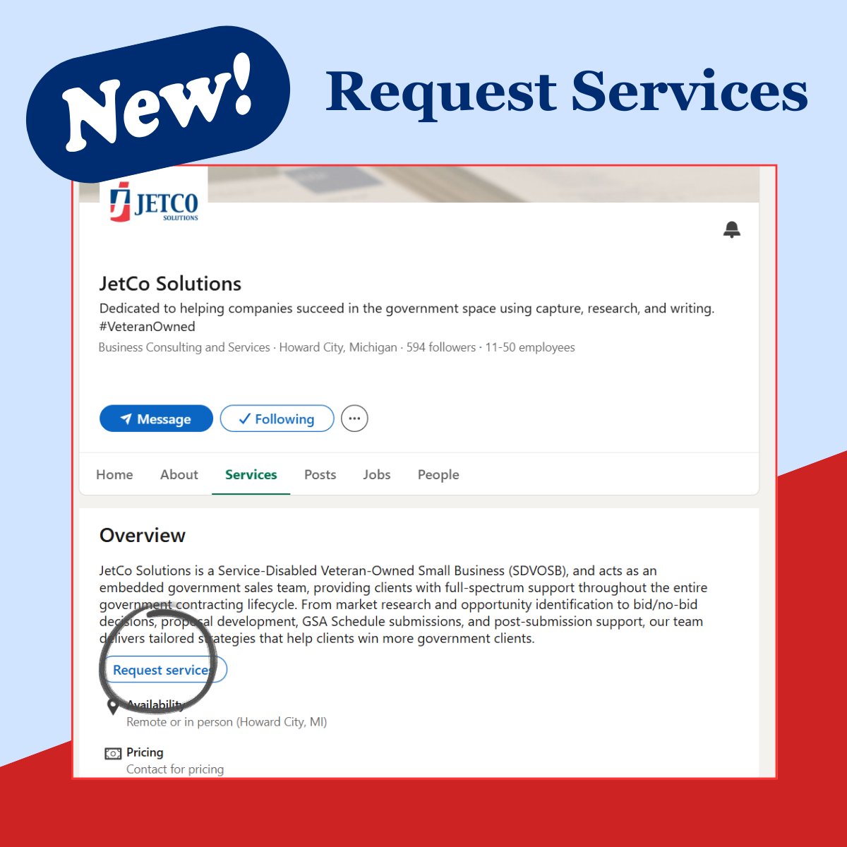 JetCoSolutions's tweet image. Got a project that needs support? We&apos;ve got you covered! We&apos;ve made it easier to request services directly on our LinkedIn site. Make sure you&apos;re following us on LinkedIn to try it out now!