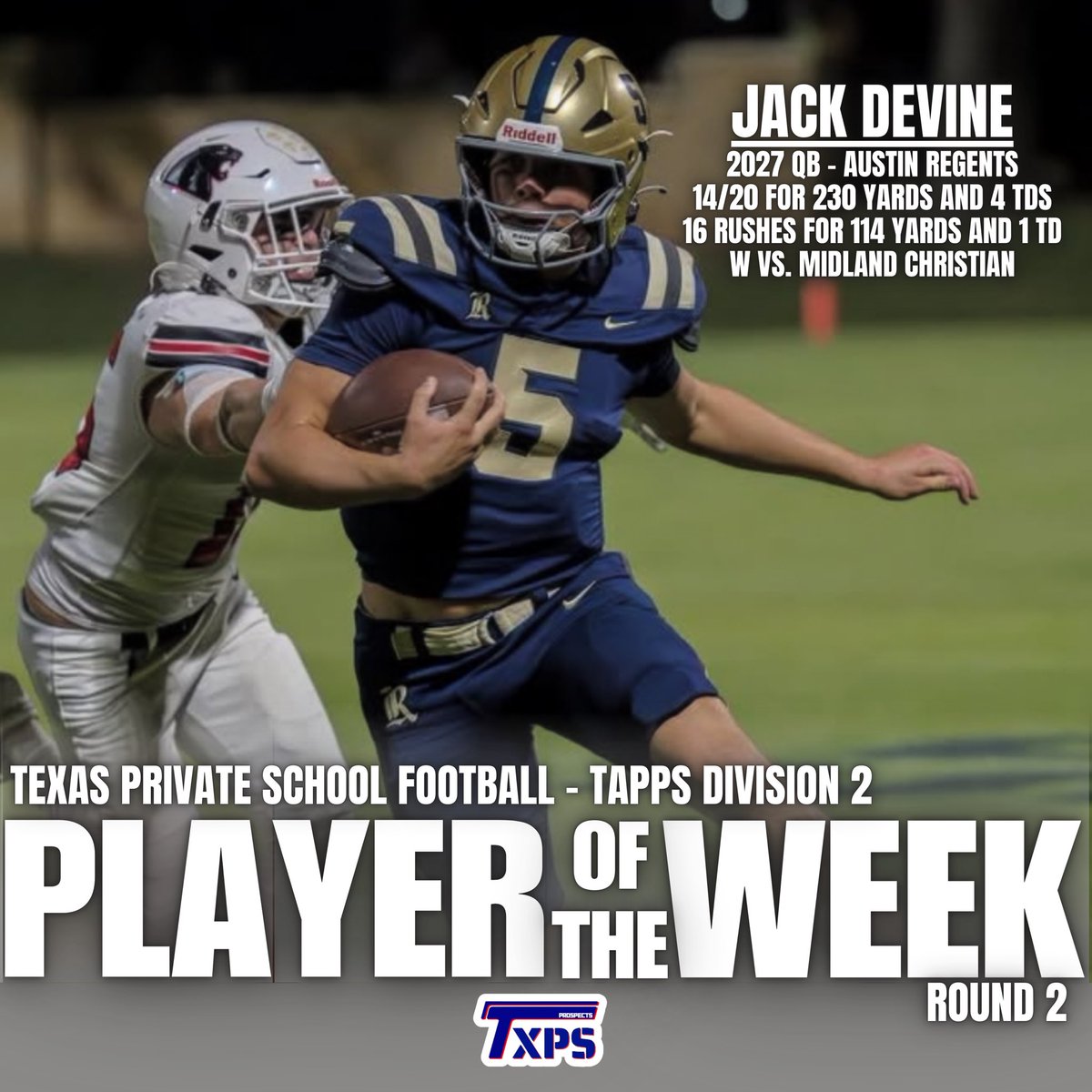 🚨 TXPSFB Player of the Week 🚨 
🚨 TAPPS D2🚨 
🚨 Playoffs Round 2 🚨 

Jack Devine - <a href="/JackDevine2027/">Jack Devine</a> 
2027 QB - Austin Regents

<a href="/RSA_Athletics/">Regents Athletics</a> 

#RecruitTXPSFB