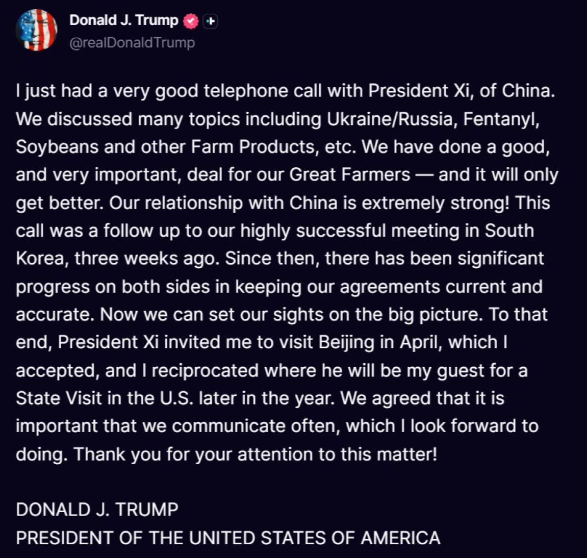 WizardDoom's tweet image. Trump will meet Xi Jinping in April 2026, with Xi invited to visit the US later that year.