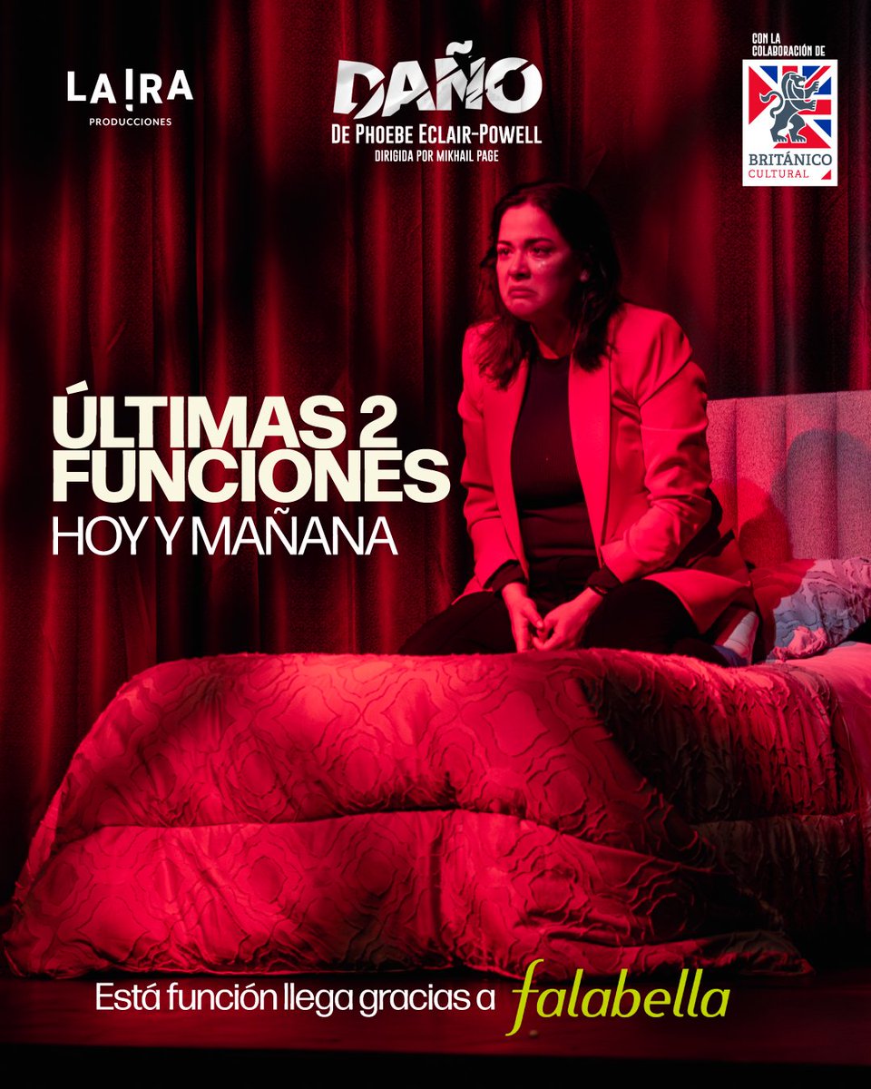 🎭 Hoy hay función… ¡la penúltima!
Si aún no has visto DAÑO, esta es casi tu última chance. 👀🖤

Un gracias especial a <a href="/Falabella_pe/">Falabella Perú</a> por acompañarnos esta temporada. ✨

📍 Teatro Británico • 🕗 8PM • 🎟️ <a href="/joinnus/">Joinnus</a>