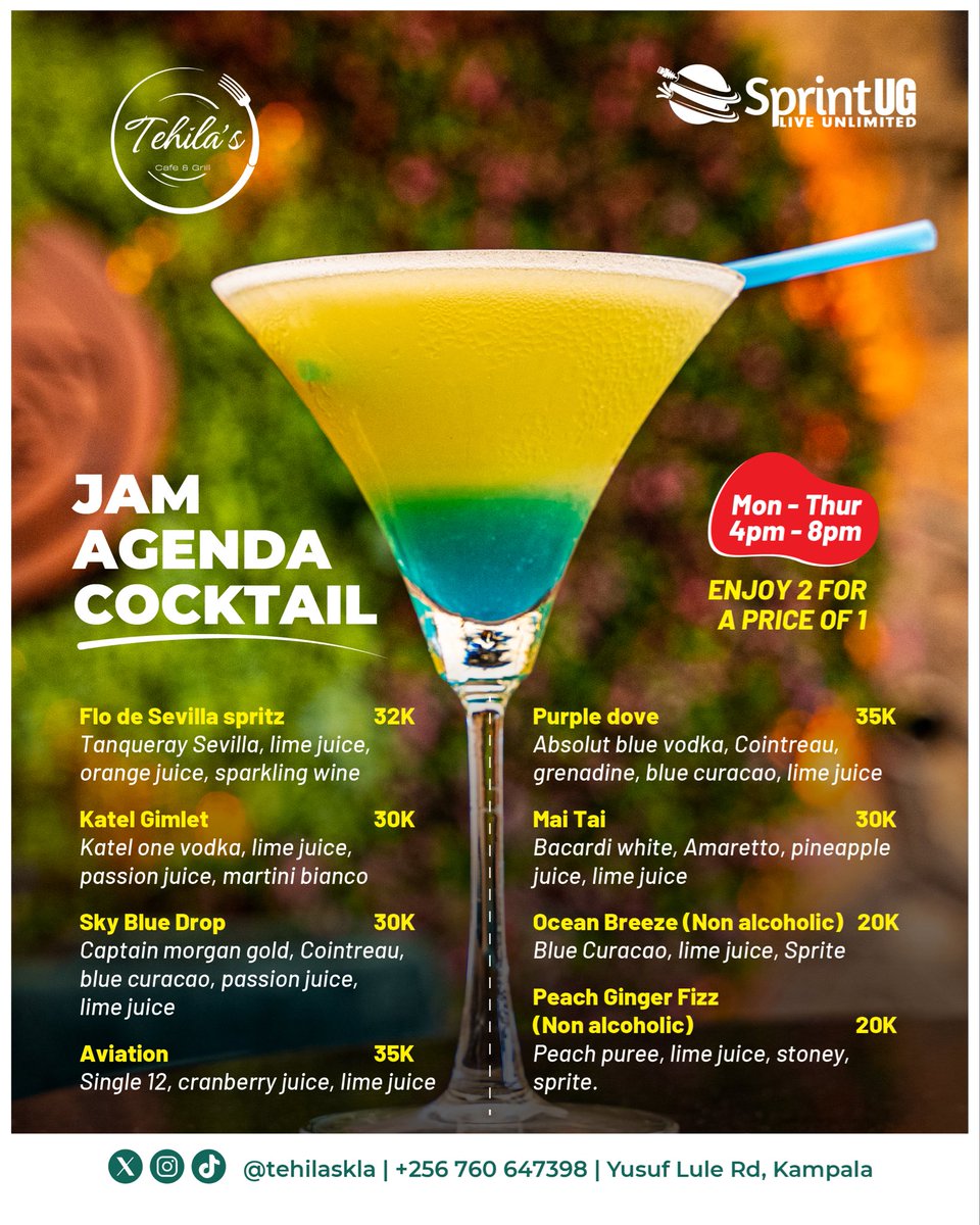 TehilasKla's tweet image. Happy Hour—Monday to Thursday 
Buy 1 get 1 free cocktail at tehilas
#cocktails #buyone #getone #free #cocktaillovers #eveningmood #drinks #kampala #resturant