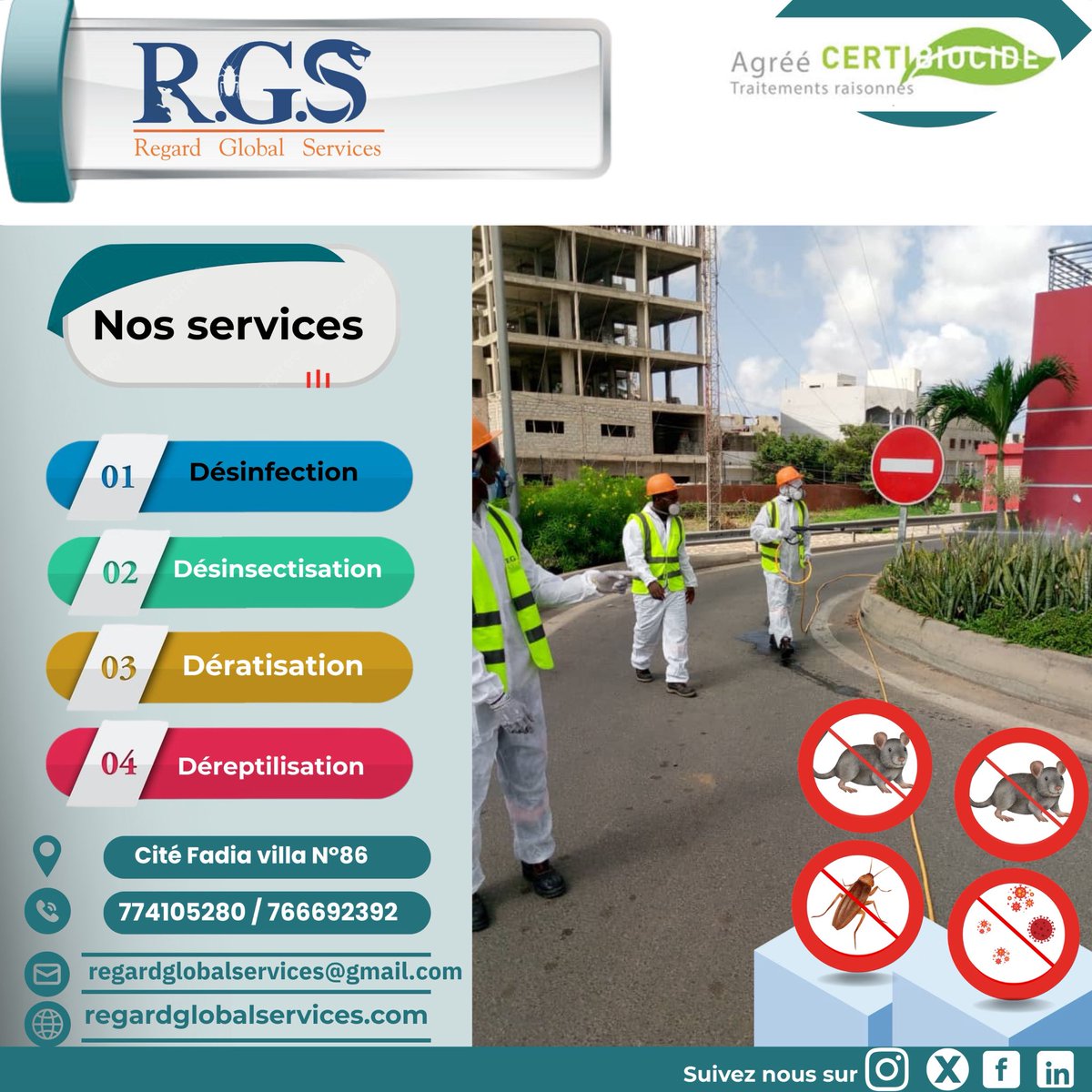 RegardGlobal's tweet image. RGS – Votre partenaire certifié pour un environnement sain et protégé au Sénégal
Chez Regard Global Services (RGS) nous mettons notre expertise au service des particuliers, entreprises, résidences, hôtels et collectivités pour garantir des espaces sécurisés et exempts de nuisible