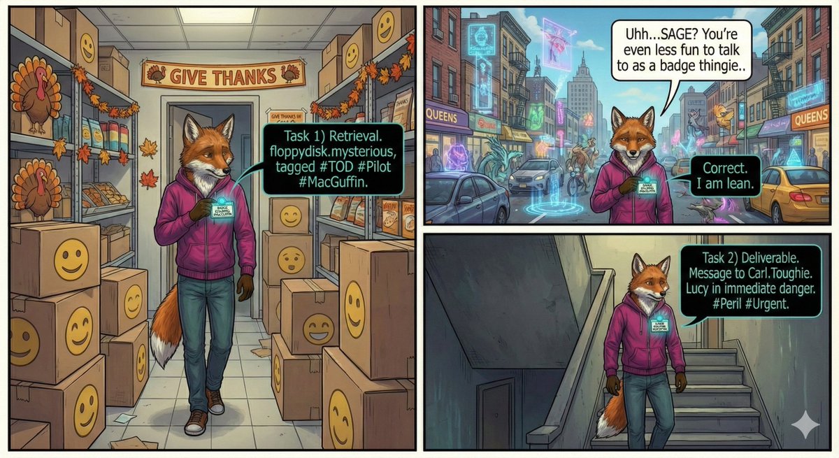 Apartmentverse's tweet image. SAGE is alive! ...Sort of? In any case, he remembers the MacGuffin from the pilot episode, and, what&apos;s that about Lucy...? Oh, and he&apos;s preserved a sense of humor, too!