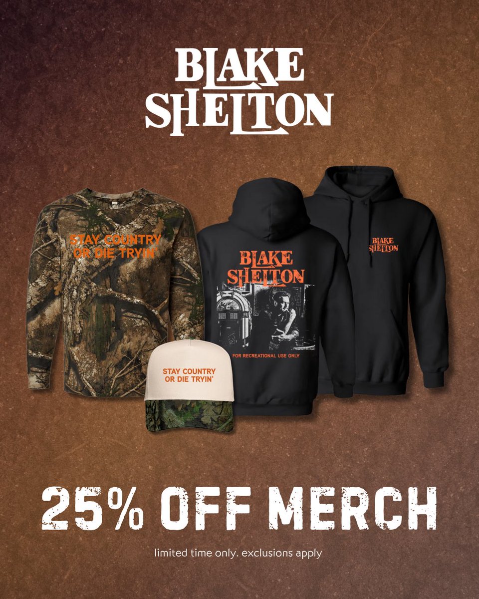blakeshelton's tweet image. NEW WINTER LINE AVAILABLE + 25% OFF SELECT MERCH!!! 🔥 Just in time for the holidays!! Available exclusively online. Get yours now at shop.blakeshelton.com! -Team BS