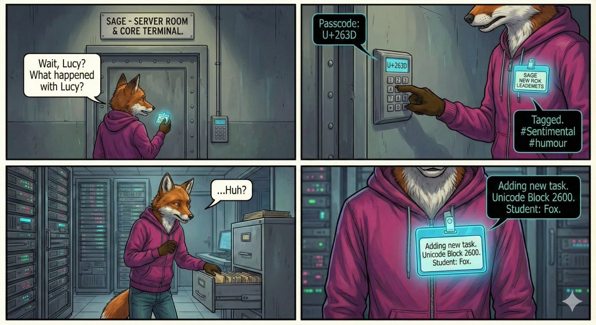 Apartmentverse's tweet image. SAGE is alive! ...Sort of? In any case, he remembers the MacGuffin from the pilot episode, and, what&apos;s that about Lucy...? Oh, and he&apos;s preserved a sense of humor, too!