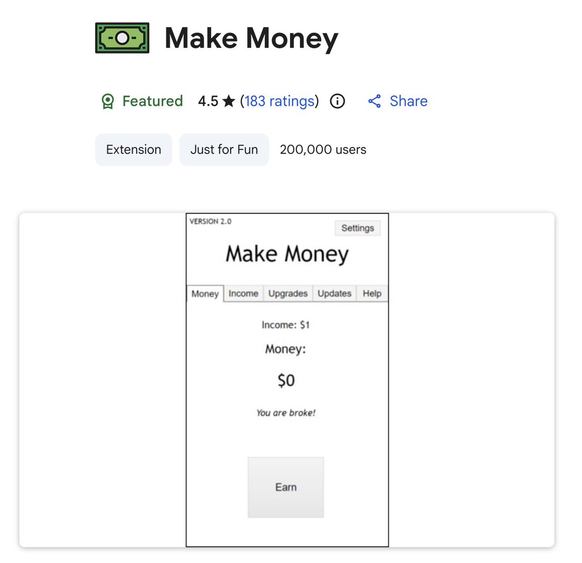 kopchikovich's tweet photo. Chrome Web Store still feels like the Wild West, it seems like literally anything can take off there

- an idle clicker game that looks like it was made by GPT-2
- 200,000 users

I feel like I’m doing something wrong 😅 https://t.co/n0mR119MSn