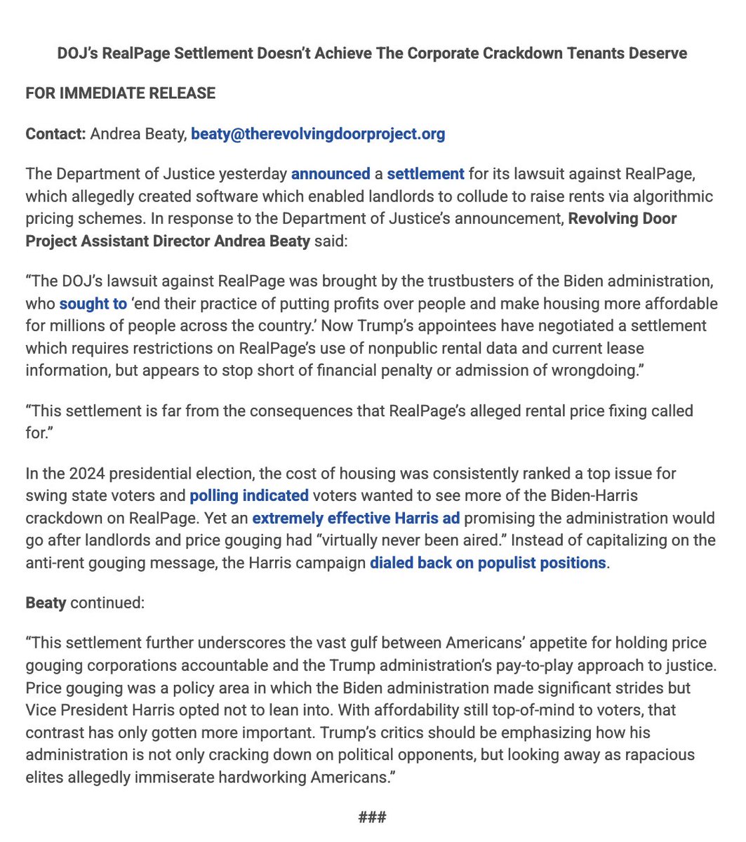 revolvingdoorDC's tweet image. NEW: Revolving Door Project responds to DOJ’s settlement with RealPage