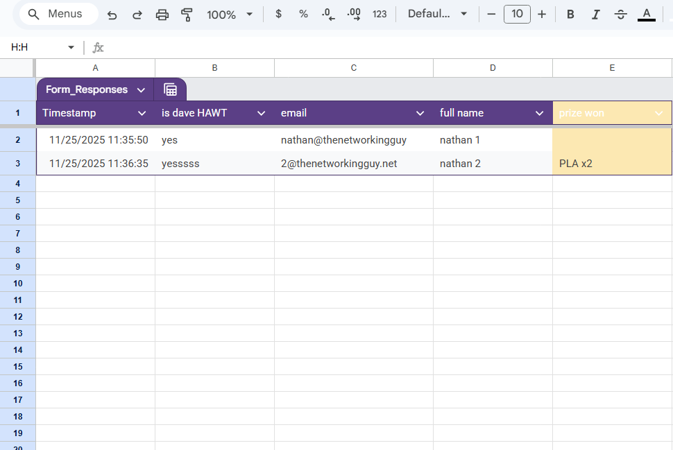 That1NetworkGuy's tweet image. for anyone wondering how to connect a google fom to a spreadsheet here you go! click the &quot;link to sheets botton&quot; and google does the rest, i usualy add another colored colum to denote winners too