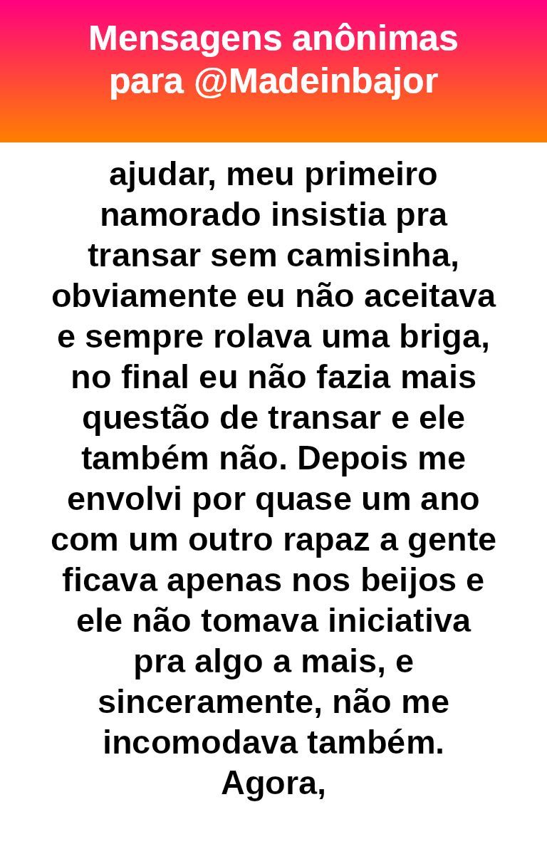 madeinbajor's tweet image. #bajo28243
- Desabafo 
Você não tem “problema”, só tem uma relação complicada com sexo + vergonha + bloqueio emocional. Isso se trabalha com calma. Não force nada. Vá no seu ritmo, converse aos poucos com ele e, se puder, psicoterapia ajuda MUITO com travas e vergonha.
