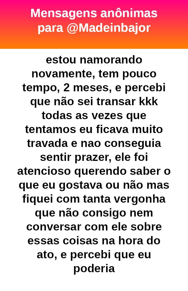 madeinbajor's tweet image. #bajo28243
- Desabafo 
Você não tem “problema”, só tem uma relação complicada com sexo + vergonha + bloqueio emocional. Isso se trabalha com calma. Não force nada. Vá no seu ritmo, converse aos poucos com ele e, se puder, psicoterapia ajuda MUITO com travas e vergonha.
