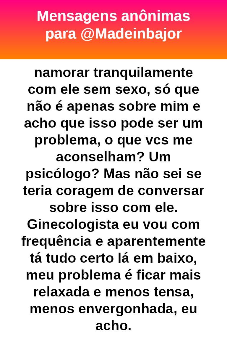 madeinbajor's tweet image. #bajo28243
- Desabafo 
Você não tem “problema”, só tem uma relação complicada com sexo + vergonha + bloqueio emocional. Isso se trabalha com calma. Não force nada. Vá no seu ritmo, converse aos poucos com ele e, se puder, psicoterapia ajuda MUITO com travas e vergonha.