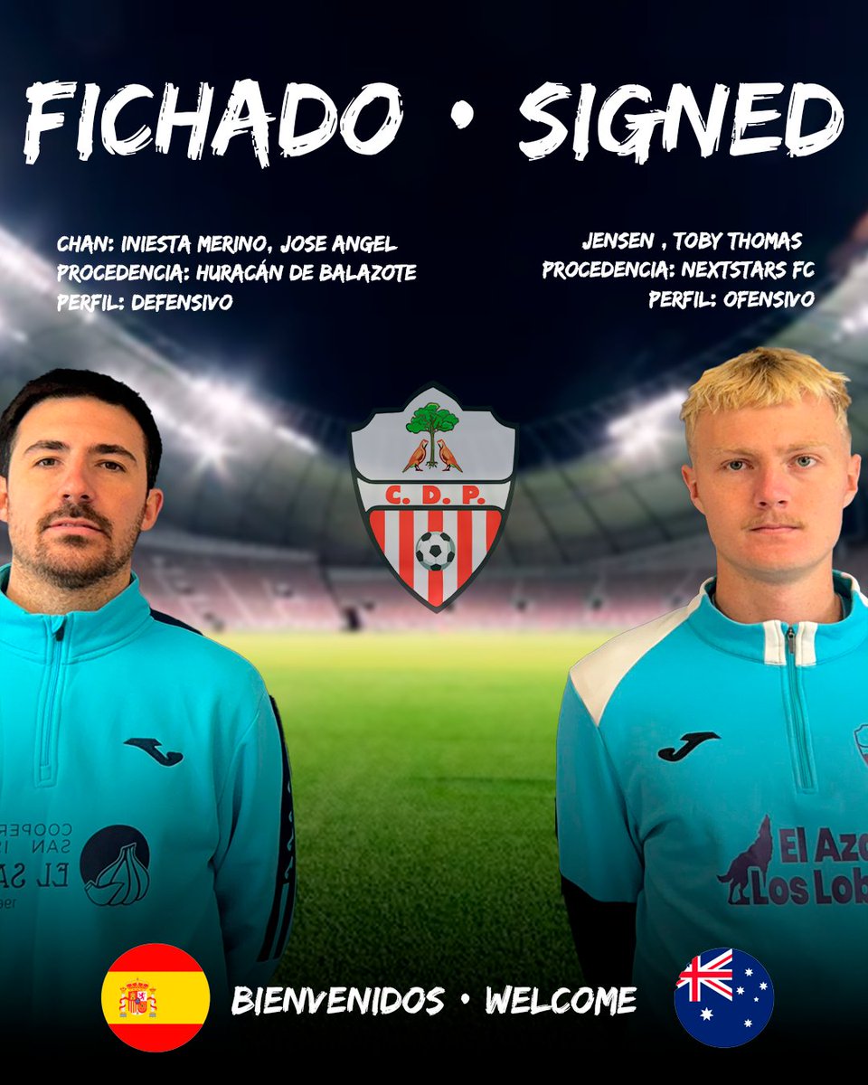 Fichados y ya debutando con el C.D. Pedroñeras.
Chan refuerza la zaga y Toby llega para aportar pegada arriba.
¡Bienvenidos al equipo!
#TerceraRFEF #CDPedroñeras