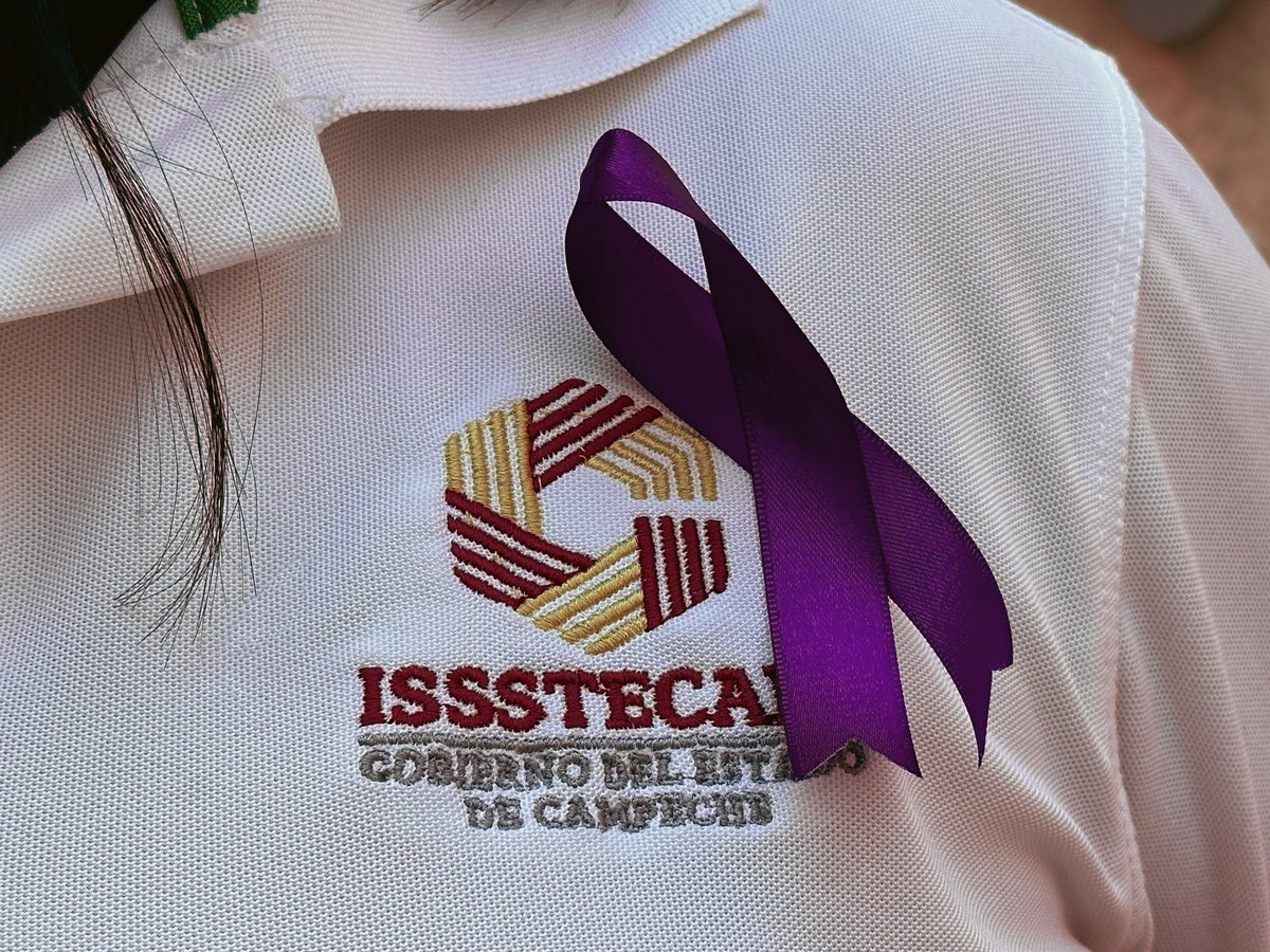 Issstecam's tweet image. El Director General del ISSSTECAM, Lic. Manuel Enrique Pino Castilla, junto con la Titular de la Unidad de Igualdad Sustantiva del Instituto, Lic. María Adriana Pinzón Guzmán, colocan lazos morados al personal como parte de las acciones de sensibilización impulsadas.