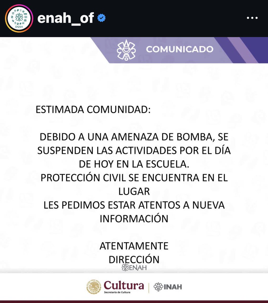 Suspenden actividades en la <a href="/ENAHoficial_dif/">ENAH oficial</a>, tras amenaza de bomba.